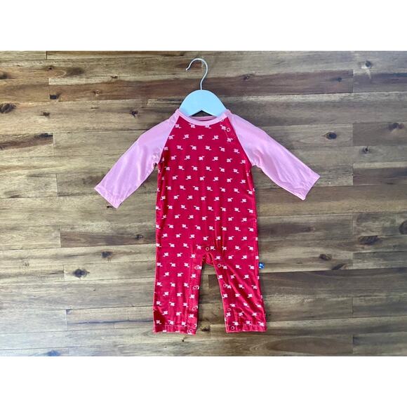 NEW Kickee Pants Candy Apple Red Pink Rosebud Bamboo Floral Romper 3-6M - Picture 2 of 7